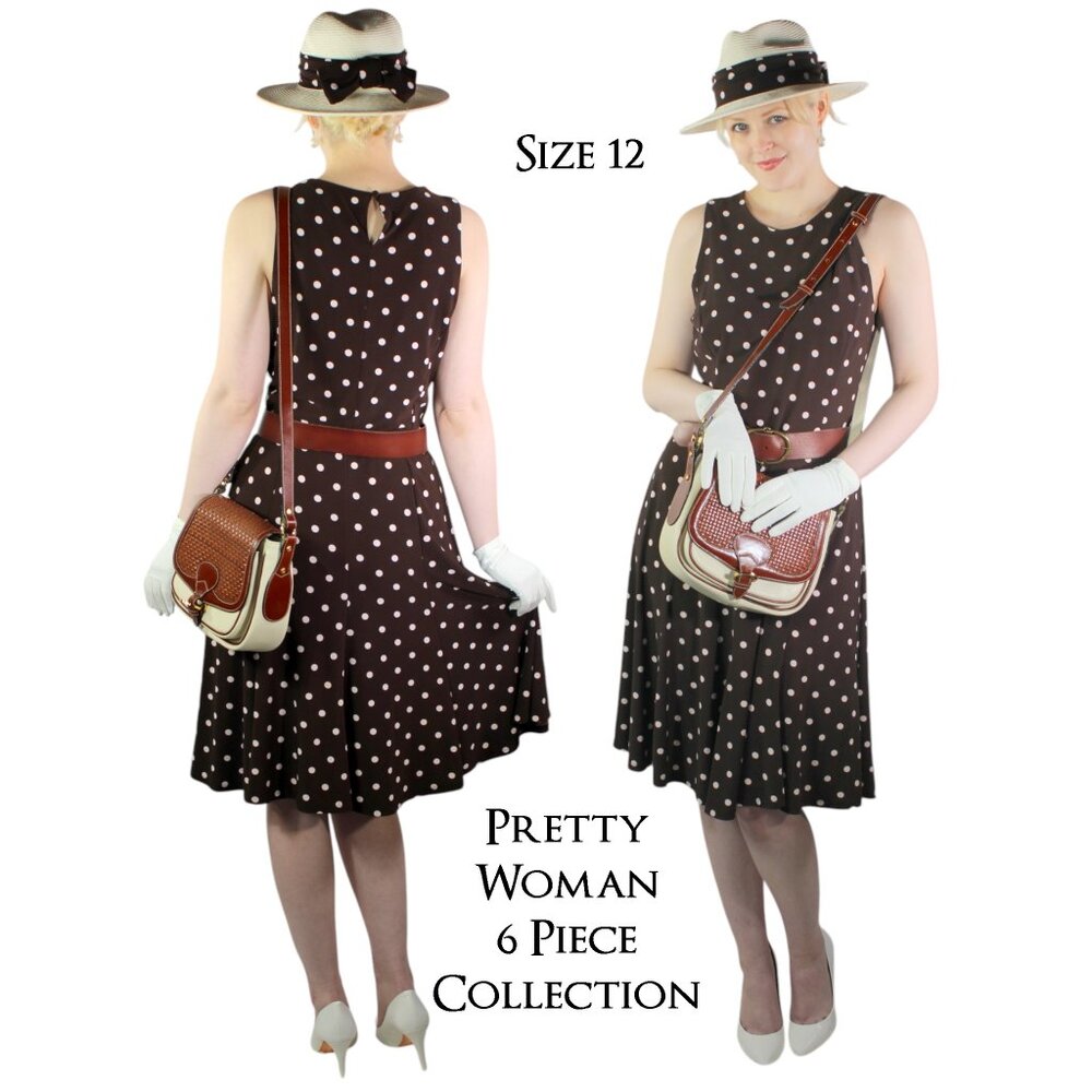 Pretty Woman 6 Piece Collection Polka Dot Dress, Hat, Bag, Gloves, Belt, Earring